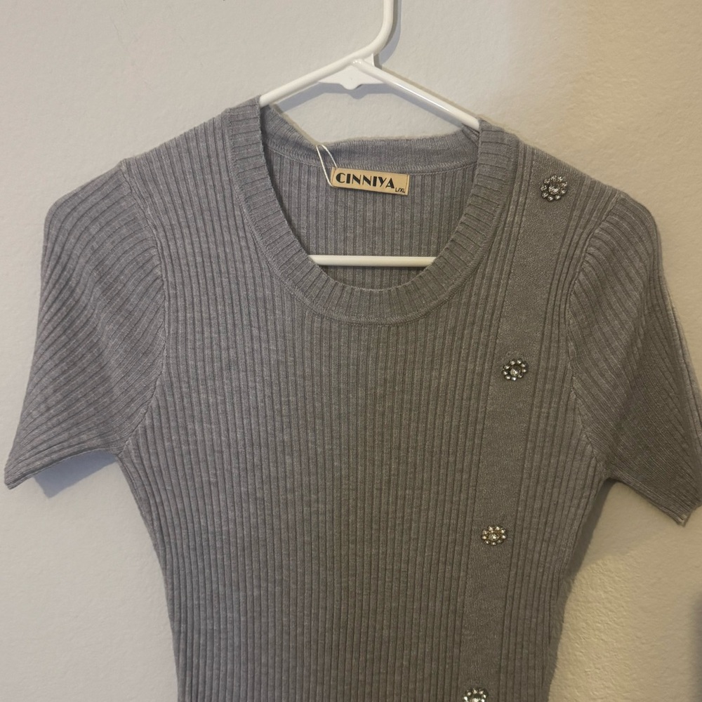 Grey Ribbed Knit Midi Dress Rhinestone Button Detail Bodycon. NWT. - Picture 3 of 5